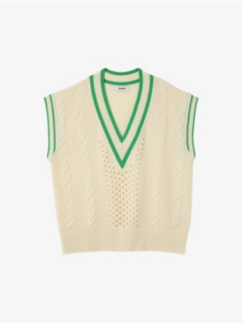 Sandro Cream Cable-Knit V-Neck Sweater Vest with Green Trim